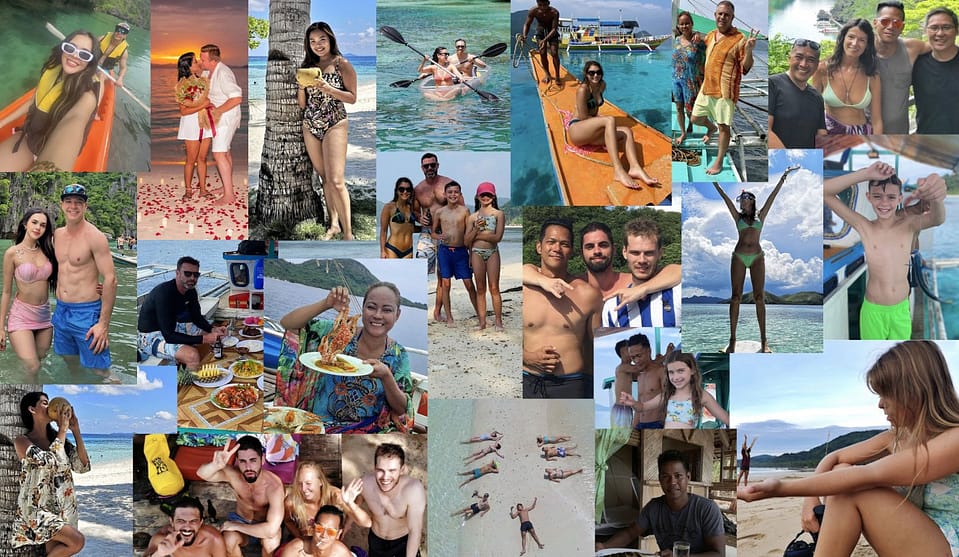 A collage of people enjoying beach activities, posing in swimsuits, relaxing, and island hopping on a boat tour through tropical settings.