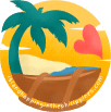 Illustration of a beach scene with a palm tree, hammock, and pink heart against a yellow-orange sunset, perfect for island hopping dreams.