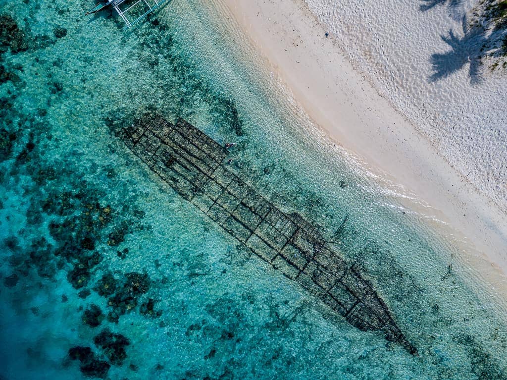 Vue aérienne d'une épave de navire submergée dans des eaux turquoise claires près d'une plage de sable. La silhouette du navire est visible sous l'eau peu profonde, nichée parmi des récifs et des rochers aux couleurs vives. Les ombres des palmiers se projettent sur la plage de sable au-dessus, ce qui en fait un endroit attrayant pour l'exploration de la plongée sous-marine.