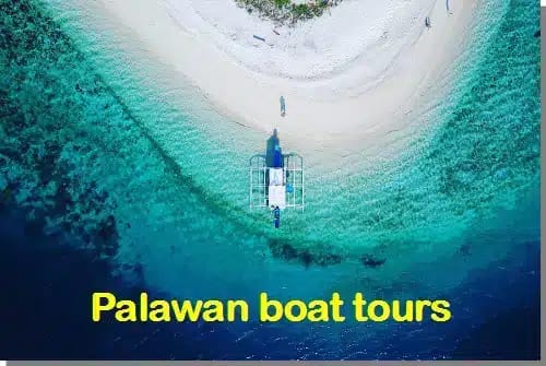 Aerial view of a boat on a picturesque tour near a sandy shoreline surrounded by clear turquoise water. Experience unforgettable Palawan boat tours at an unbeatable price.
