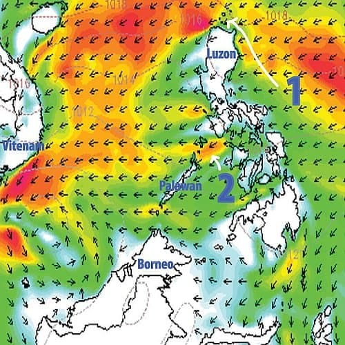 A weather map depicting wind patterns over Southeast Asia highlights opportunities for island hopping in Palawan. Arrows indicate wind direction across regions like Luzon, Borneo, and Vietnam, with color gradients from green to red suggesting ideal kitesurfing conditions based on wind intensity.