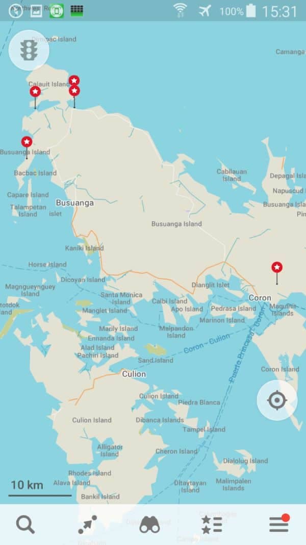A detailed tour map highlights the islands of Busuanga, Coron, and Culion in the Philippines. Red location pins identify key spots, with minor islands and surrounding waters included. Perfect for planning your next road trip adventure, it features a helpful scale bar indicating 10 km.