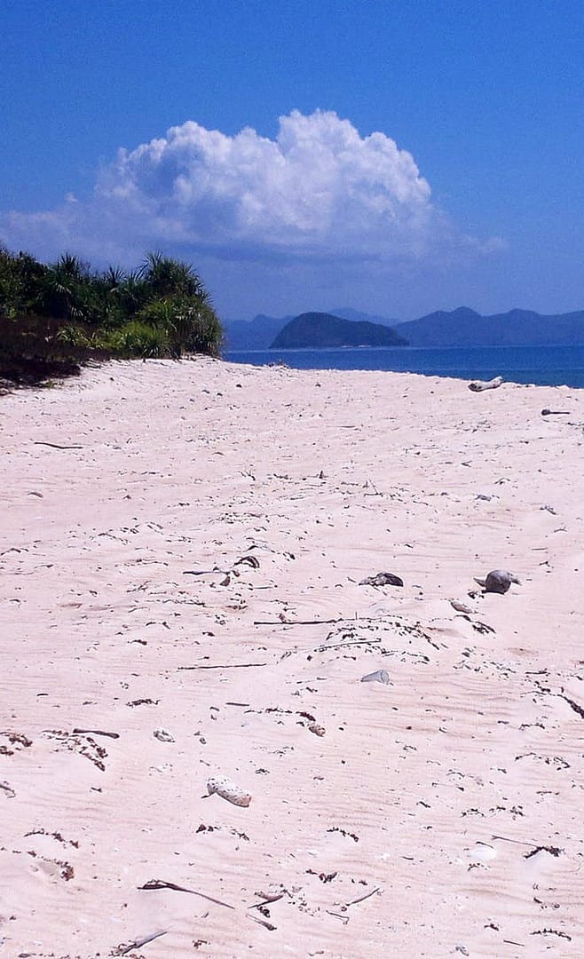 A serene beach scene featuring white sand stretching towards the ocean, a few scattered rocks, and lush greenery on the left sets the stage for an idyllic island hopping adventure. In the distance, islands await under a bright blue sky adorned with a fluffy cloud.