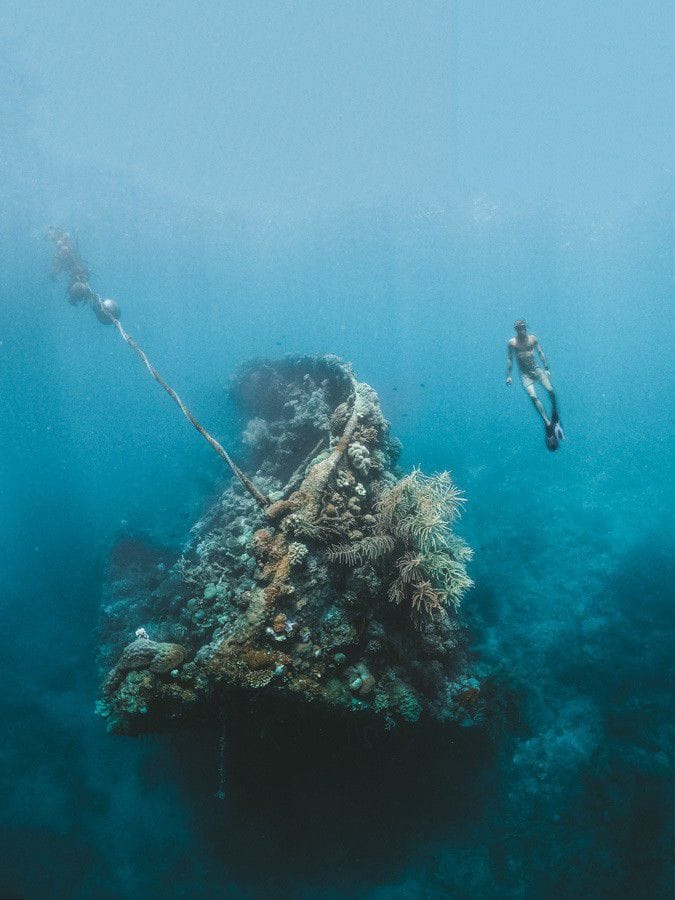 A diver explores an underwater shipwreck in Coron, where vibrant coral reefs and marine life thrive against a stunning blue sea backdrop, highlighting the intriguing underwater ecosystem.