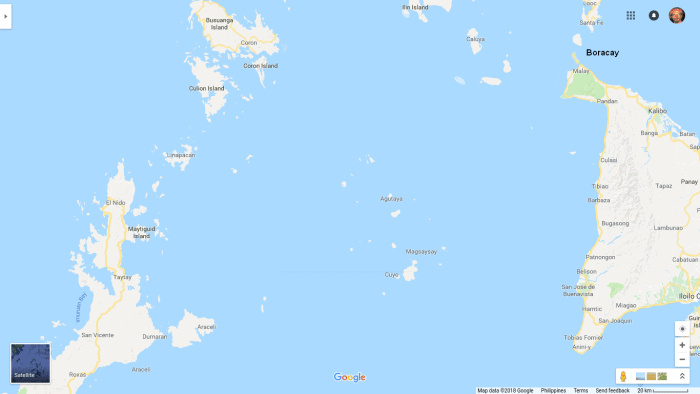 Map of the Philippines showcasing islands and coastal regions like Boracay and Panay, ideal for island hopping adventures or a boat tour. The map highlights geographical features, place names, and smaller gems such as Cuyo in the region.