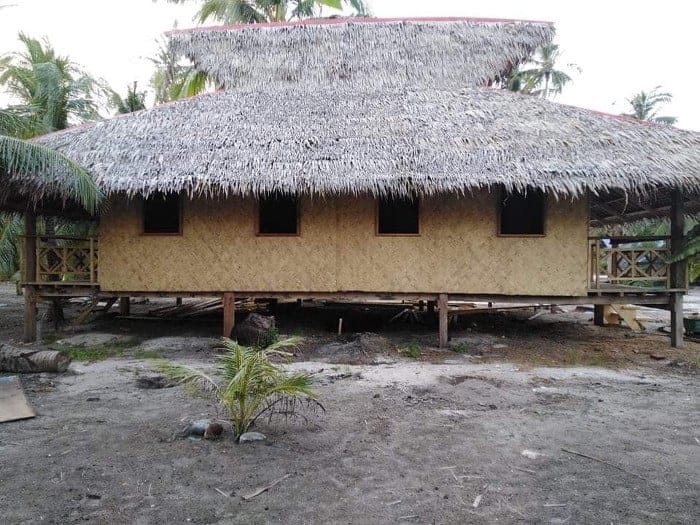 A traditional raised wooden house with a thatched roof and several small rectangular windows, nestled among palm trees on sandy ground, offers charming accommodation options in a rural setting. Perfectly situated for exploring El Nido or embarking on nearby boat tours.