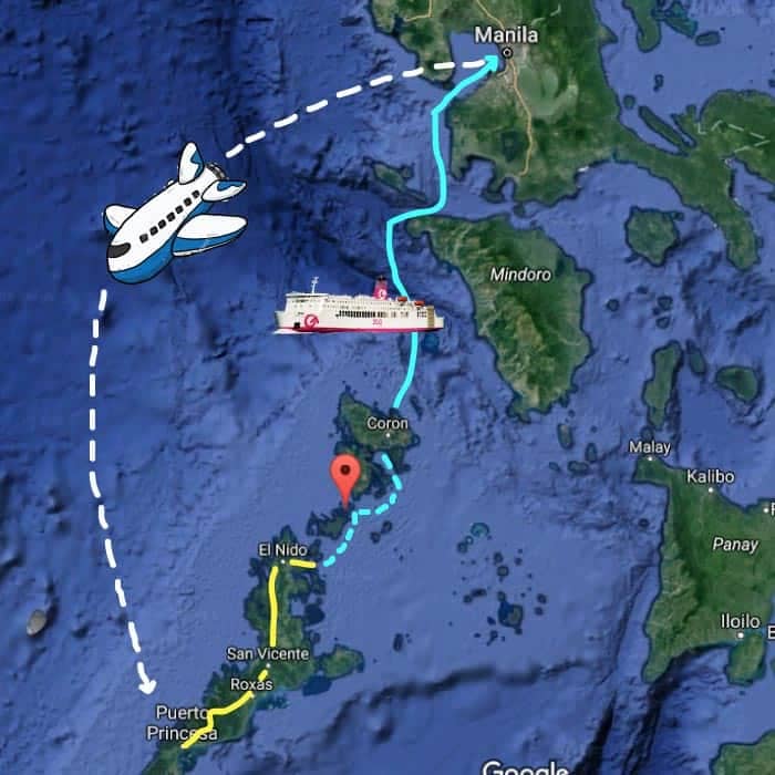 Map illustrating travel routes in the Philippines: a blue path for flights from Manila to Coron, a dotted white path continuing for island hopping adventures in Palawan, and a yellow path highlighting ferry and boat tours from Manila to Puerto Princesa via San Vicente and El Nido.