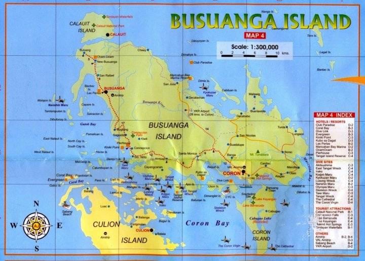 Explore Busuanga Island with this detailed map featuring Coron Bay. Perfect for planning your tour or road trip, it highlights towns, resorts, and attractions. Includes a compass rose and a 1:300,000 scale with an index of points of interest neatly listed on the right.