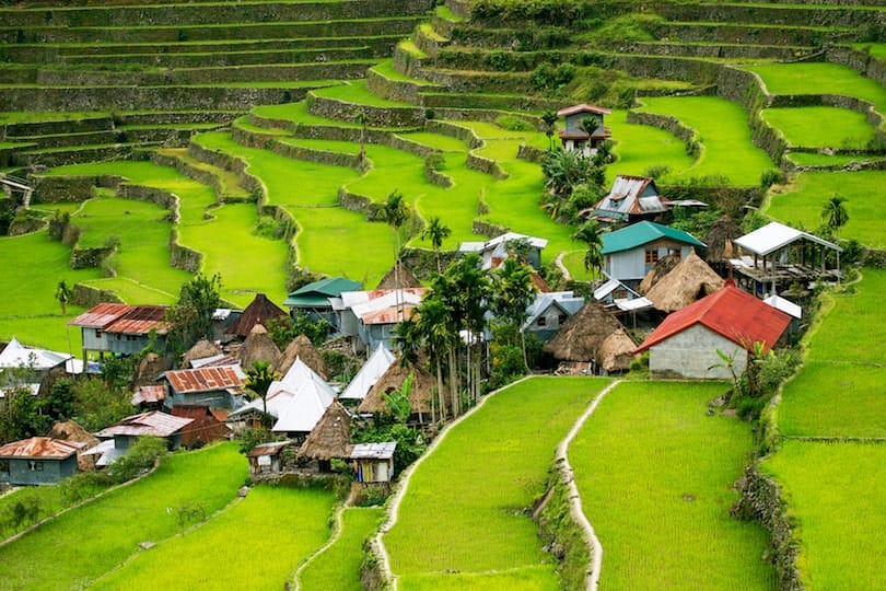 Rice terraces in the Philippines. The village is in a valley among the rice terraces. Rice cultivation in the North of the Philippines, Batad, Banaue.
